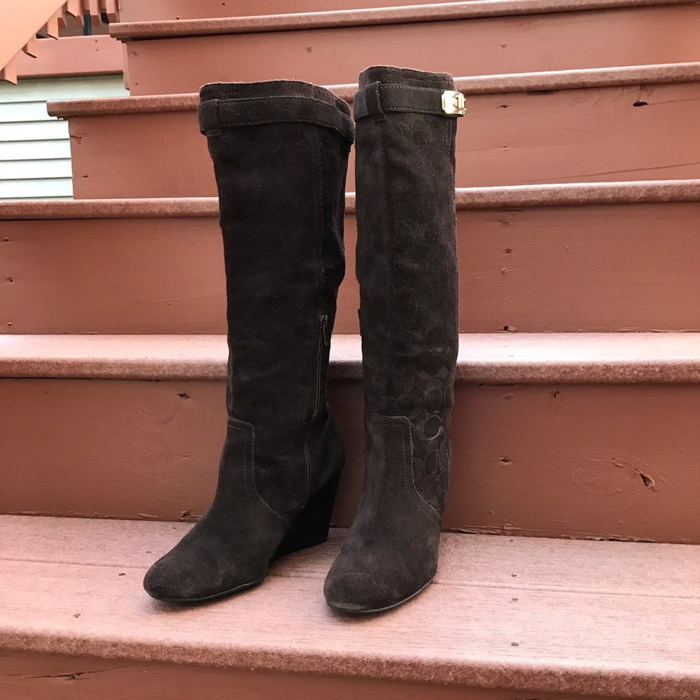 Coach Angie Wedge Heel Tall Boots, Brown, 8